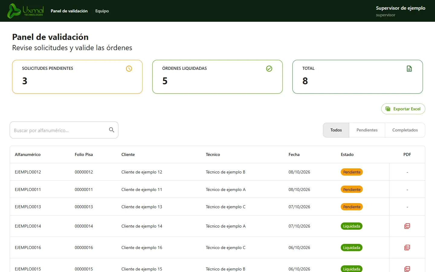 Supervisor validation panel with sample data: counts of pending and settled reports, an Excel export button, and a report table with PDF downloads.